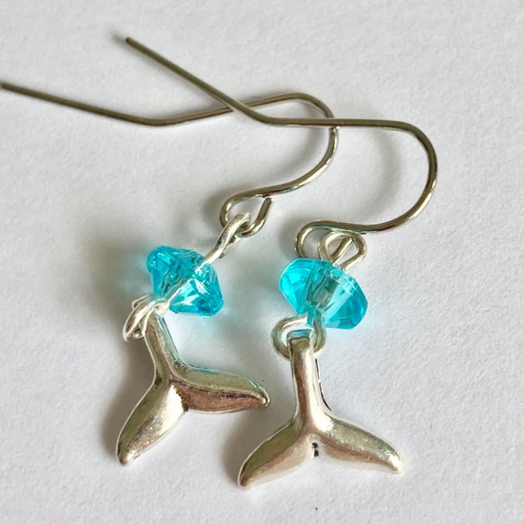 Silver Mermaid Whale Tail Earrings Aqua Bead Plated Dangle Dainty Nautical - Picture 6 of 12